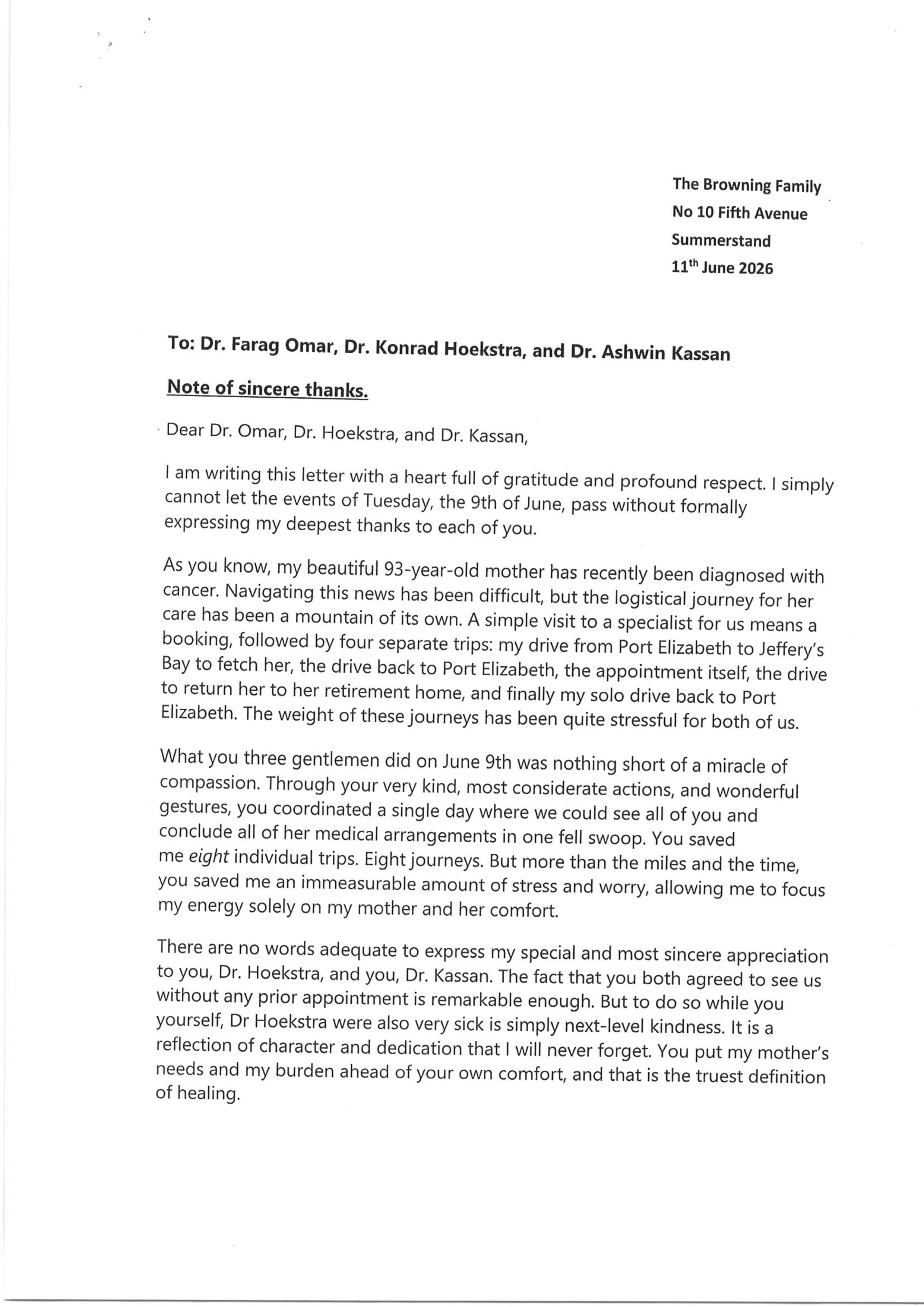 Handwritten patient review for Dr Ashwin Kassan